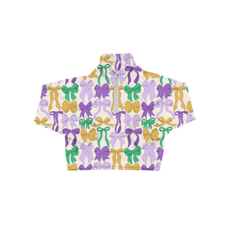 ADULT Zip Up Crop Cut Pullover - Purple Green Gold Bows